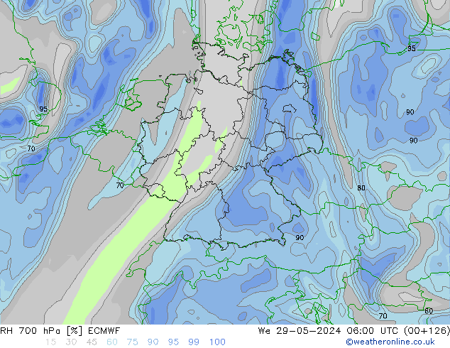 Humidité rel. 700 hPa ECMWF mer 29.05.2024 06 UTC