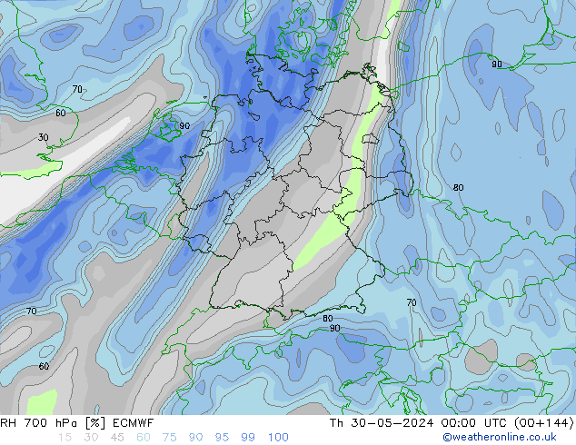 Humidité rel. 700 hPa ECMWF jeu 30.05.2024 00 UTC