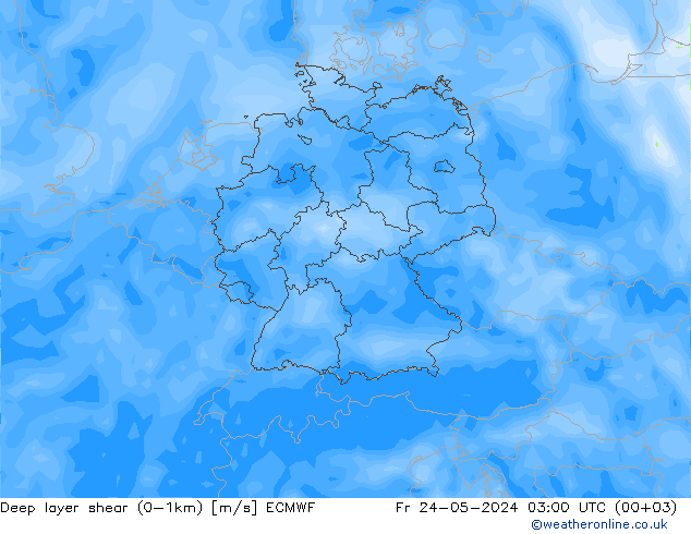 Deep layer shear (0-1km) ECMWF Fr 24.05.2024 03 UTC