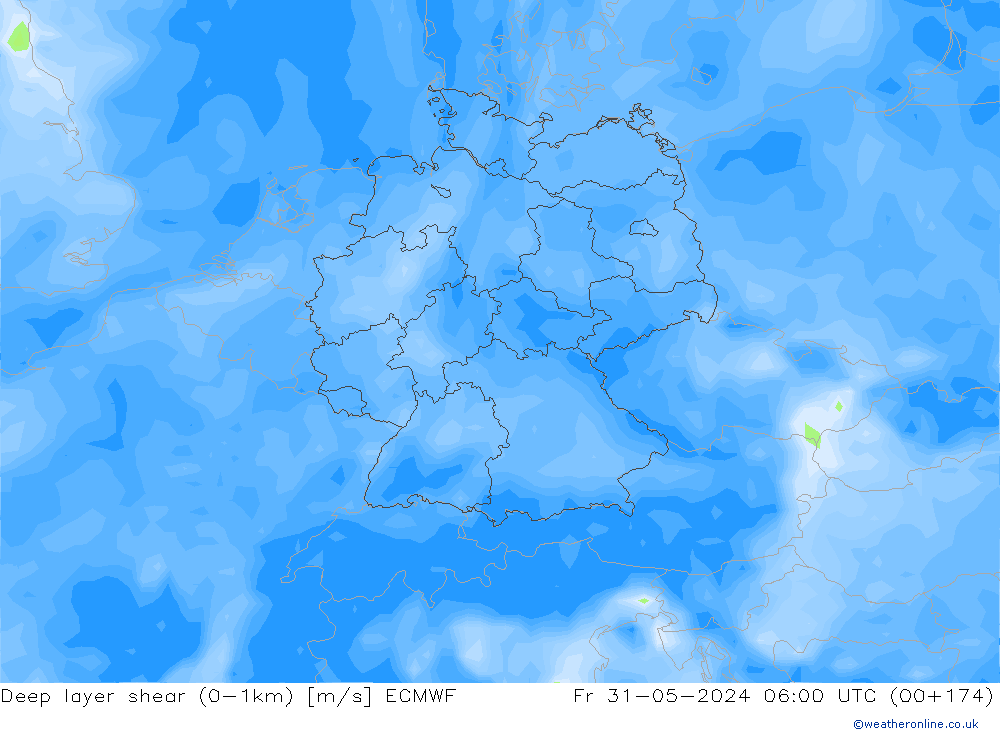 Deep layer shear (0-1km) ECMWF Cu 31.05.2024 06 UTC