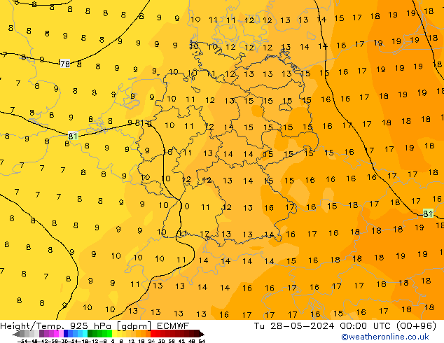 Height/Temp. 925 hPa ECMWF wto. 28.05.2024 00 UTC