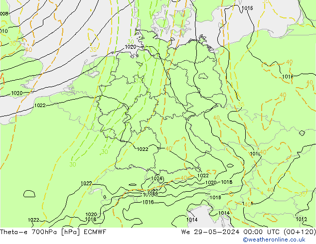 Theta-e 700hPa ECMWF Qua 29.05.2024 00 UTC