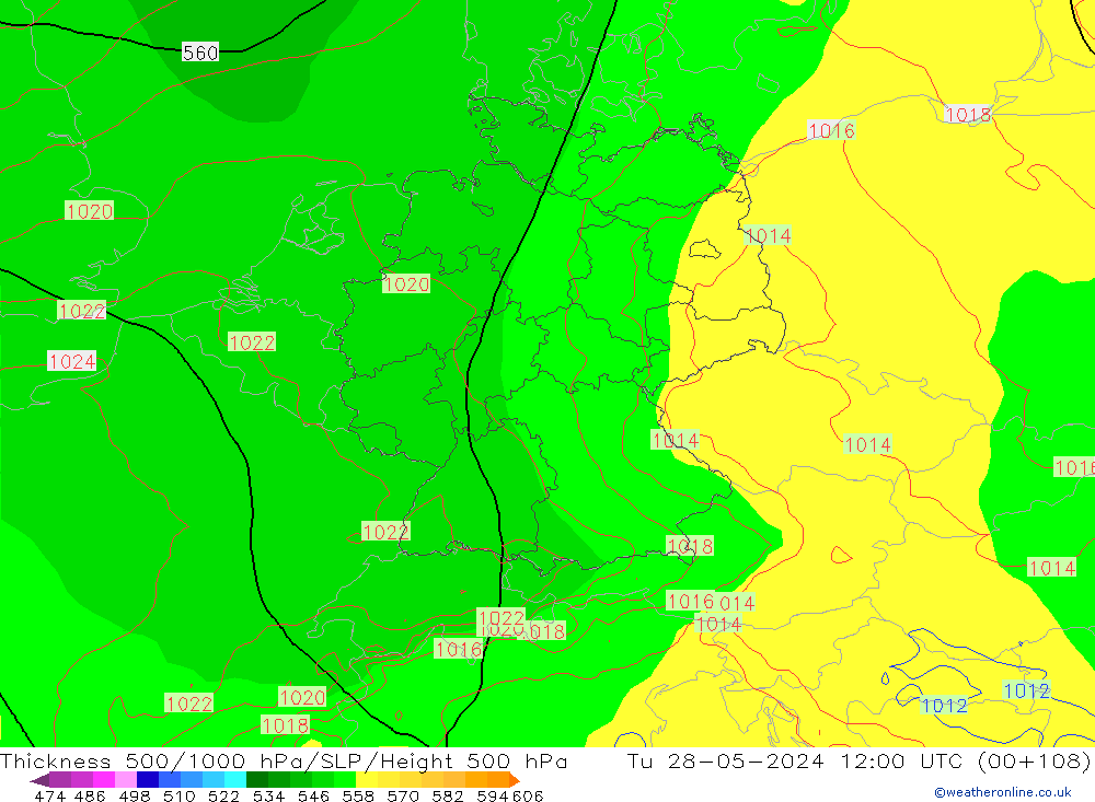 Dikte 500-1000hPa ECMWF di 28.05.2024 12 UTC