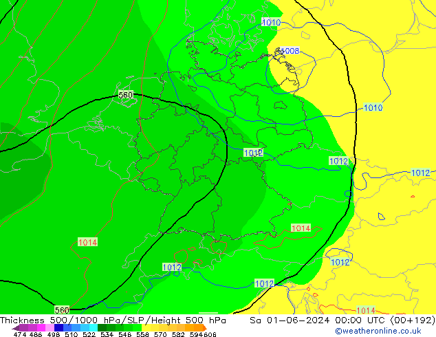 Schichtdicke 500-1000 hPa ECMWF Sa 01.06.2024 00 UTC