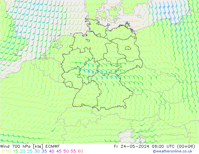 Wind 700 hPa ECMWF Fr 24.05.2024 06 UTC