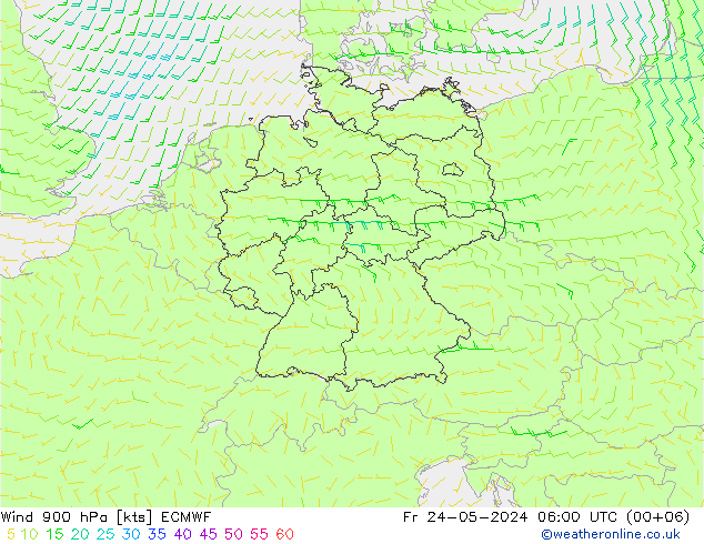 wiatr 900 hPa ECMWF pt. 24.05.2024 06 UTC