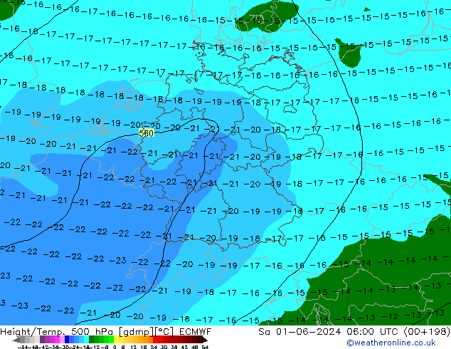 Height/Temp. 500 hPa ECMWF Sa 01.06.2024 06 UTC