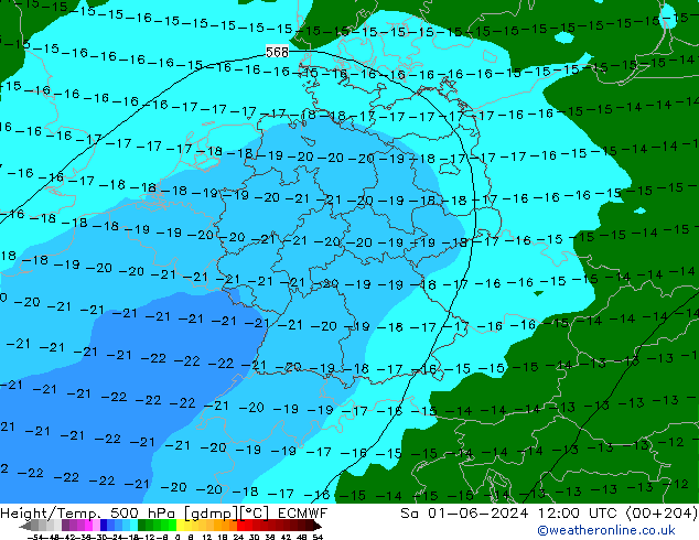 Height/Temp. 500 hPa ECMWF sab 01.06.2024 12 UTC