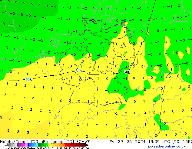 Hoogte/Temp. 700 hPa ECMWF wo 29.05.2024 18 UTC