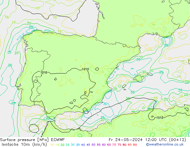 Isotachs (kph) ECMWF Sex 24.05.2024 12 UTC