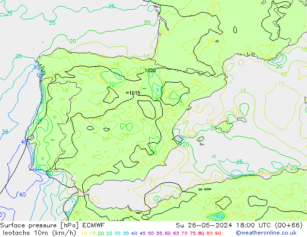 Isotachs (kph) ECMWF Вс 26.05.2024 18 UTC