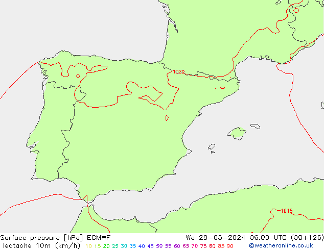 Isotachs (kph) ECMWF We 29.05.2024 06 UTC