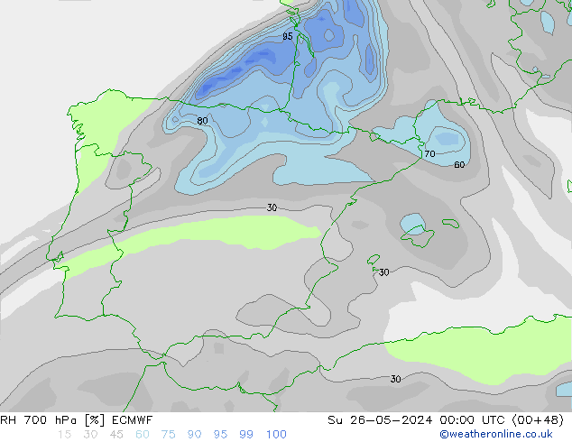 RH 700 hPa ECMWF nie. 26.05.2024 00 UTC