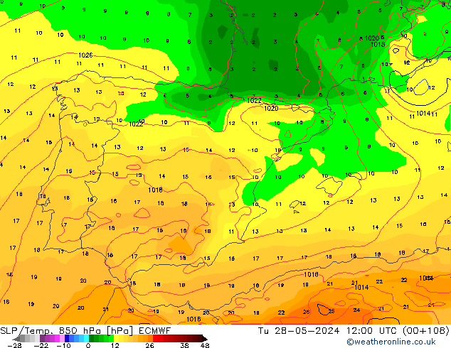 SLP/Temp. 850 hPa ECMWF mar 28.05.2024 12 UTC