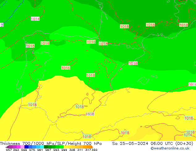 Espesor 700-1000 hPa ECMWF sáb 25.05.2024 06 UTC