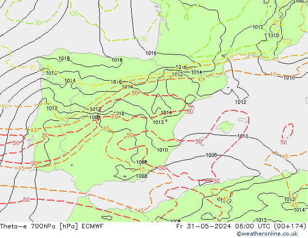 Theta-e 700hPa ECMWF Pá 31.05.2024 06 UTC