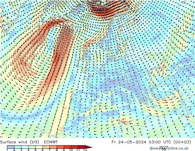 Bodenwind (bft) ECMWF Fr 24.05.2024 03 UTC