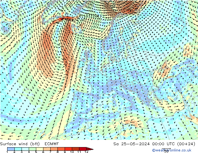 wiatr 10 m (bft) ECMWF so. 25.05.2024 00 UTC