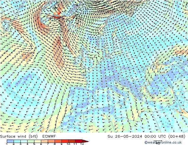 Surface wind (bft) ECMWF Su 26.05.2024 00 UTC
