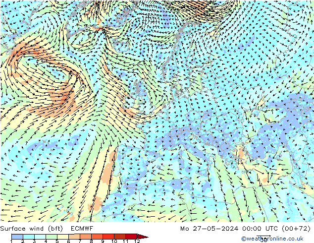 Bodenwind (bft) ECMWF Mo 27.05.2024 00 UTC