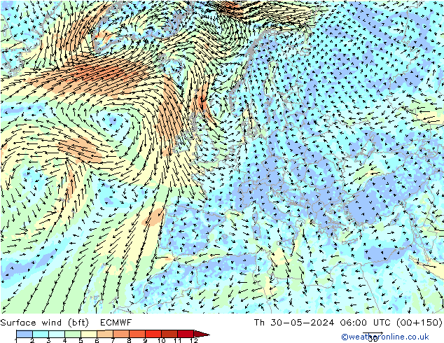 Vent 10 m (bft) ECMWF jeu 30.05.2024 06 UTC