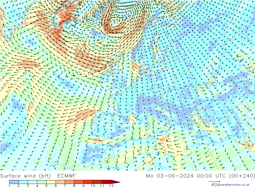 Surface wind (bft) ECMWF Mo 03.06.2024 00 UTC