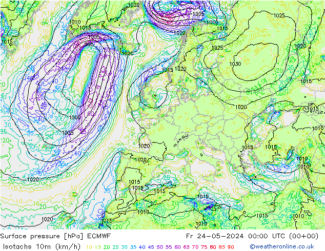 Isotachs (kph) ECMWF Fr 24.05.2024 00 UTC