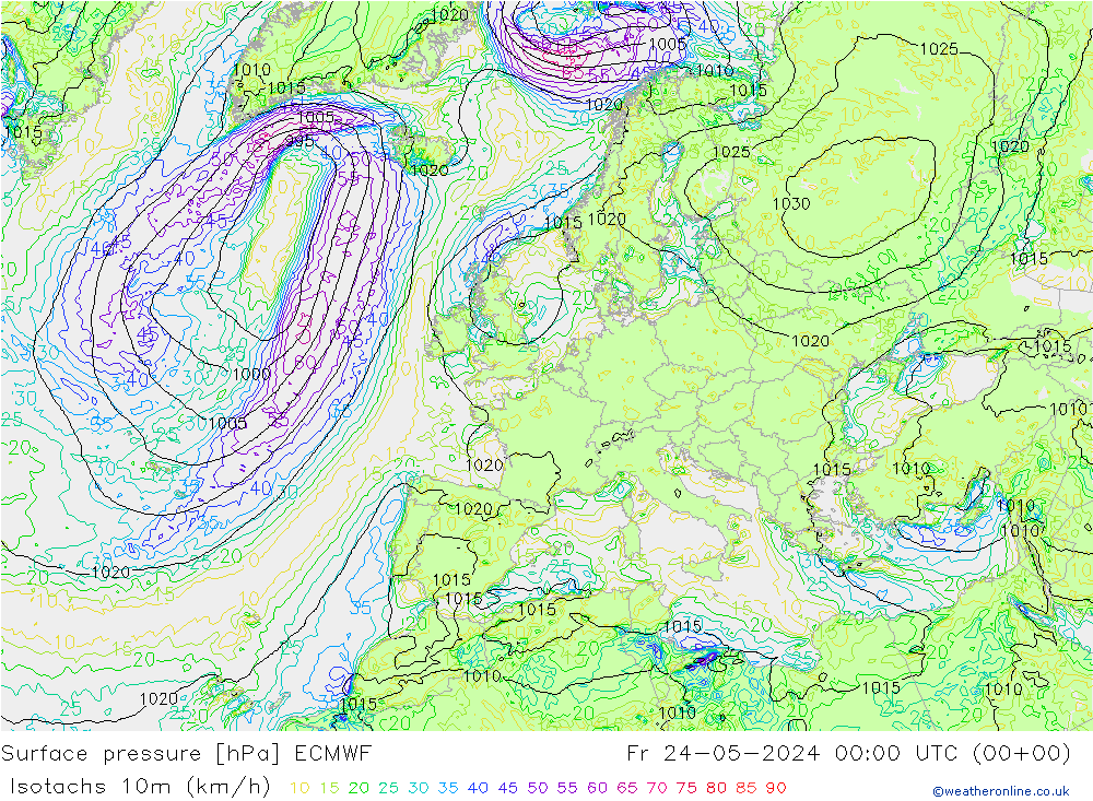 Eşrüzgar Hızları (km/sa) ECMWF Cu 24.05.2024 00 UTC