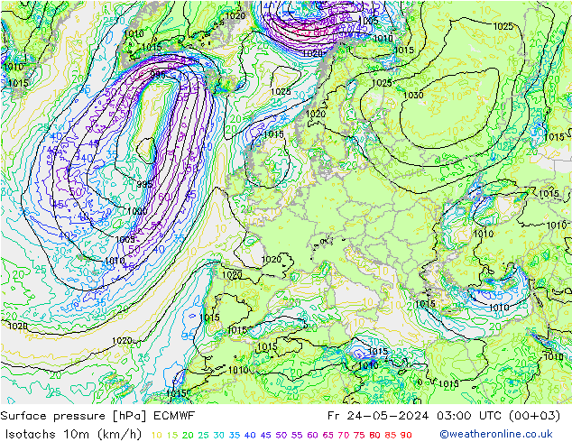 Isotachen (km/h) ECMWF Fr 24.05.2024 03 UTC