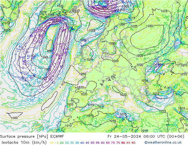 Isotachen (km/h) ECMWF Fr 24.05.2024 06 UTC