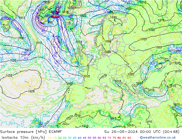 Isotachs (kph) ECMWF Su 26.05.2024 00 UTC