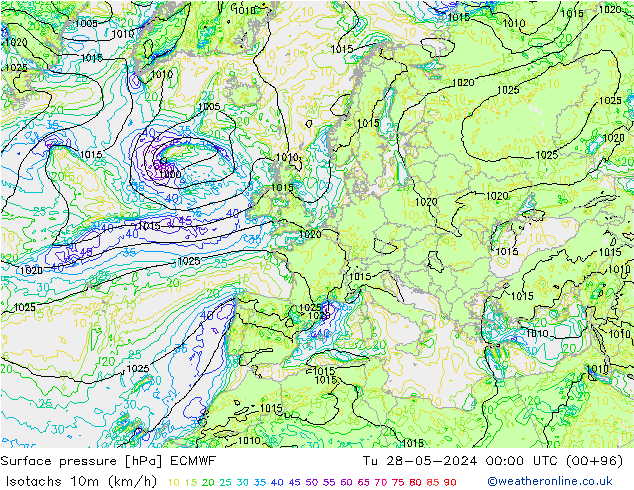 Isotachen (km/h) ECMWF Di 28.05.2024 00 UTC