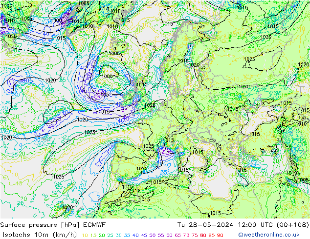 Isotachen (km/h) ECMWF di 28.05.2024 12 UTC