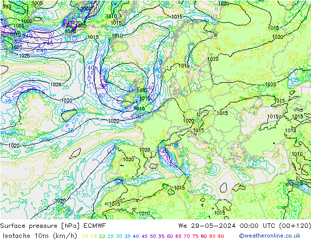 Isotachs (kph) ECMWF  29.05.2024 00 UTC