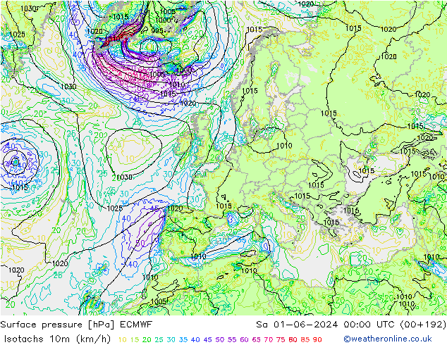 Isotachen (km/h) ECMWF Sa 01.06.2024 00 UTC