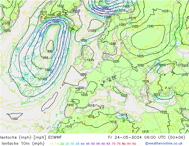 Isotachs (mph) ECMWF 星期五 24.05.2024 06 UTC