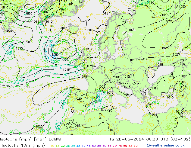 Isotachs (mph) ECMWF Tu 28.05.2024 06 UTC