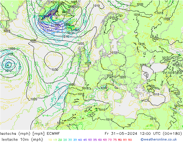 Isotachs (mph) ECMWF ven 31.05.2024 12 UTC