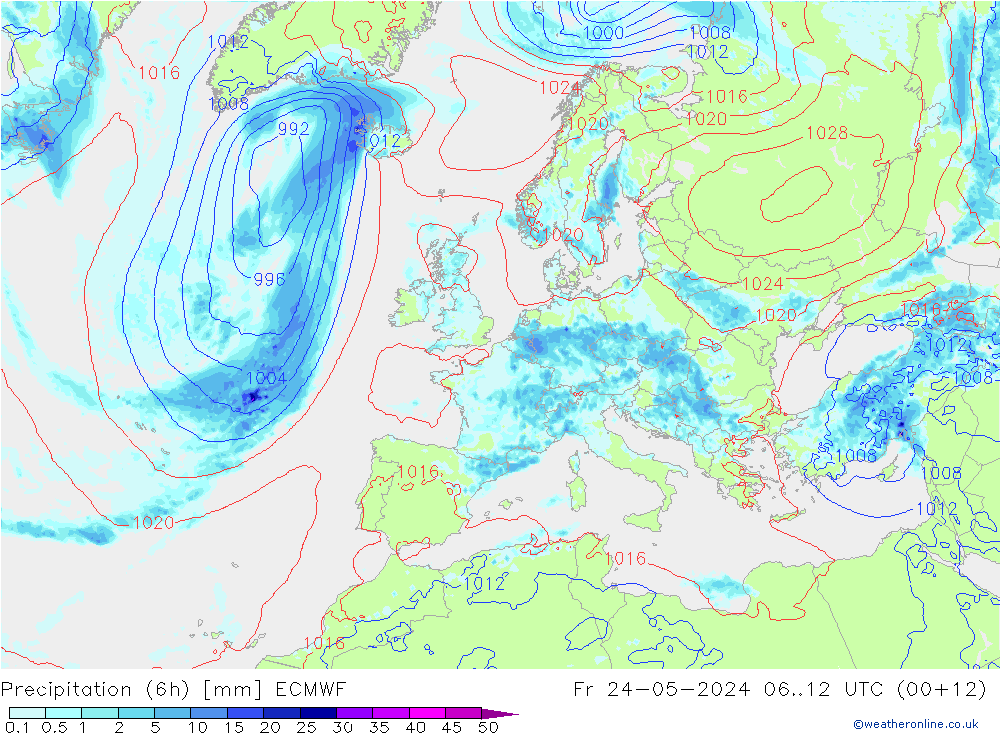 Z500/Rain (+SLP)/Z850 ECMWF Fr 24.05.2024 12 UTC