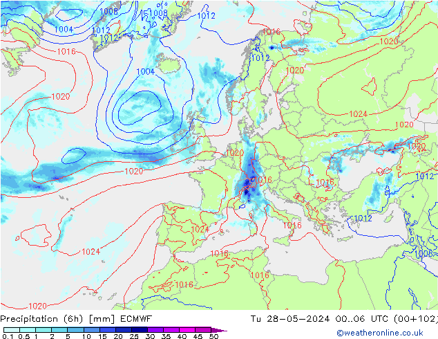 Z500/Yağmur (+YB)/Z850 ECMWF Sa 28.05.2024 06 UTC