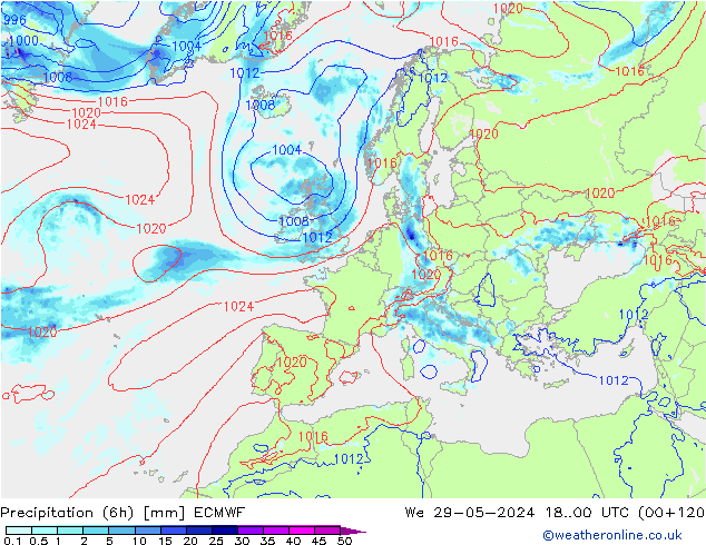 Z500/Rain (+SLP)/Z850 ECMWF Mi 29.05.2024 00 UTC