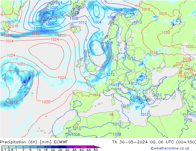 Z500/Rain (+SLP)/Z850 ECMWF jue 30.05.2024 06 UTC