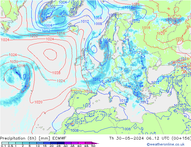 Z500/Rain (+SLP)/Z850 ECMWF чт 30.05.2024 12 UTC