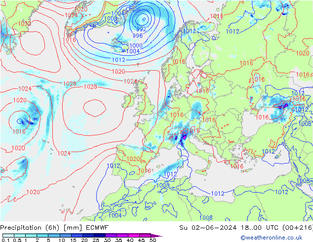 Precipitation (6h) ECMWF Su 02.06.2024 00 UTC