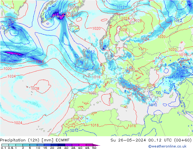 Precipitation (12h) ECMWF Su 26.05.2024 12 UTC