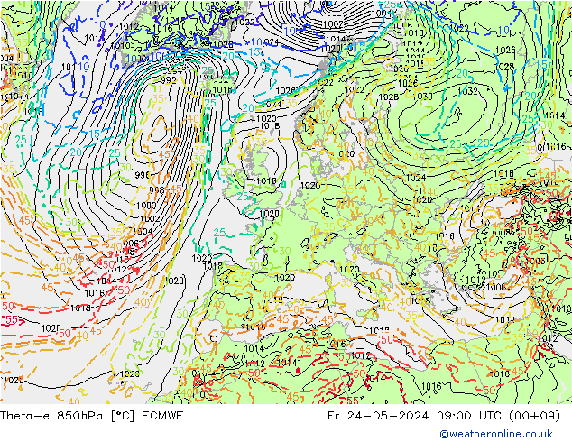 Theta-e 850hPa ECMWF Fr 24.05.2024 09 UTC