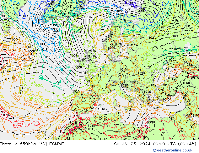 Theta-e 850hPa ECMWF Su 26.05.2024 00 UTC