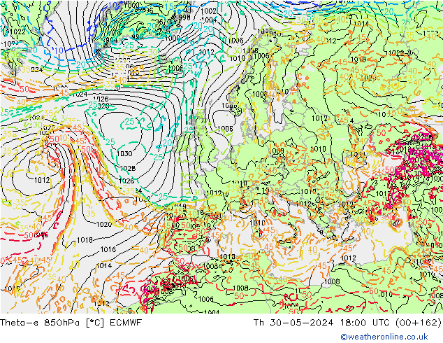 Theta-e 850hPa ECMWF gio 30.05.2024 18 UTC