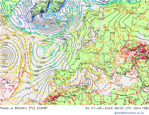 Theta-e 850hPa ECMWF sab 01.06.2024 06 UTC