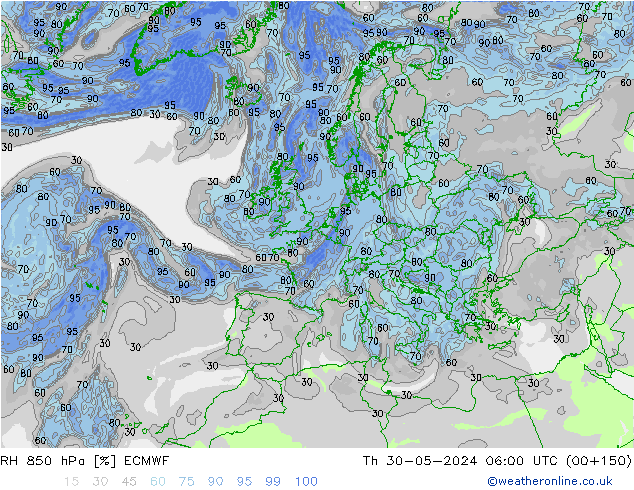 Humidité rel. 850 hPa ECMWF jeu 30.05.2024 06 UTC